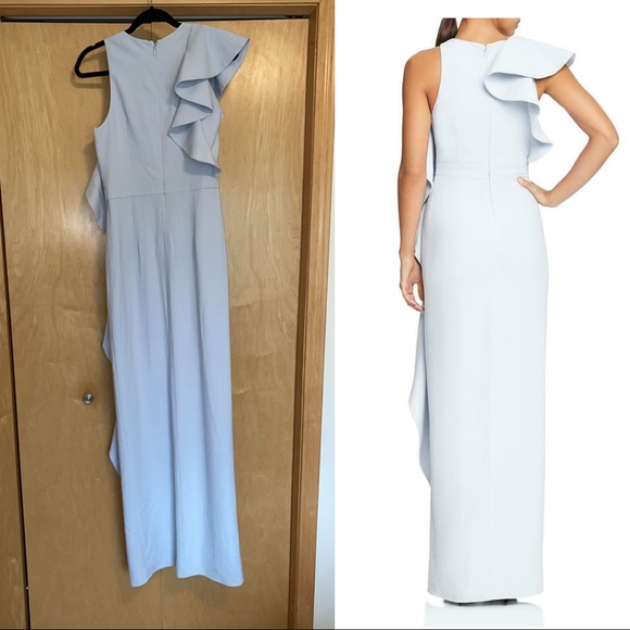 Halston Womens Blue Sleeveless Flounce Formal Evening Dress Gown - Picture 2 of 11